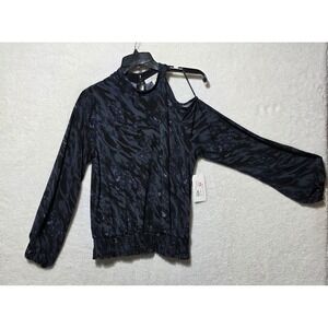 ALLISON JOY Black Gray Tiger Print Cold Shoulder Mock Neck Long Sleeve Top Sz S